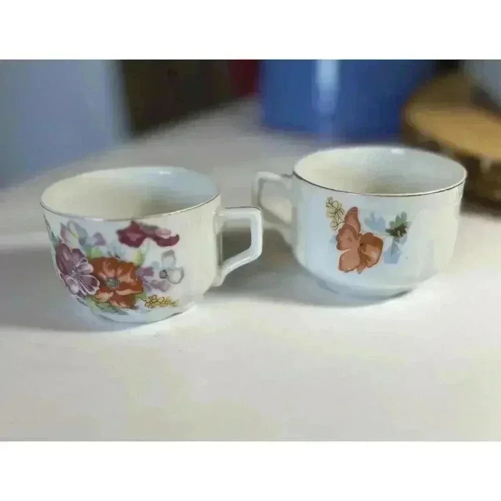 Occupied Japan pair demitasse Cups floral decal bouquet